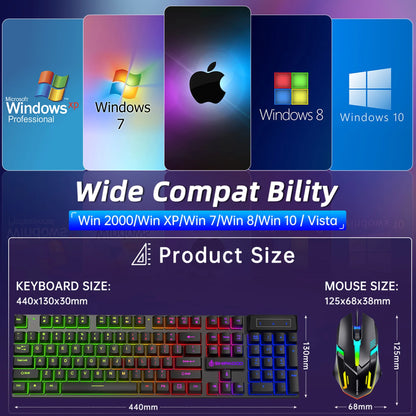 Gaming Keyboard and Mouse Combo, RGB LED Backlit Wired Computer Keyboard, Rainbow Light up USB Keyboard with 26 Anti-Ghosting Keys for PC Gamer, Laptop, Office, Black