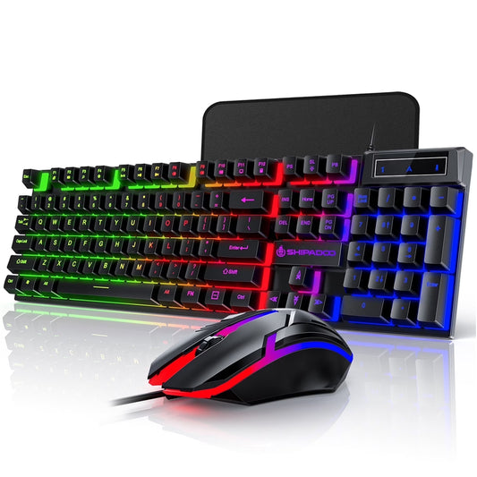 Gaming Keyboard and Mouse Combo, RGB LED Backlit Wired Computer Keyboard, Rainbow Light up USB Keyboard with 26 Anti-Ghosting Keys for PC Gamer, Laptop, Office, Black